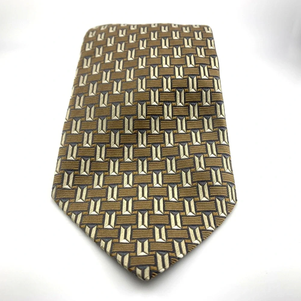 Ermenegildo Zegna Mens Tie Bronze & Gold‎ Geometric Repp 100% Silk Necktie